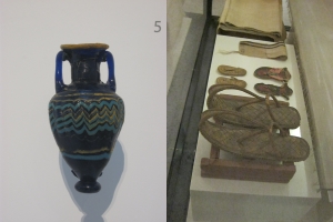 Left: Egyptian glass perfume bottle, 6th-5th centuries BC. From the North Carolina Museum of Art. Right: A selection of ancient Egyptian sandals, c. 1540-840. From the Neuesmuseum in Berlin.