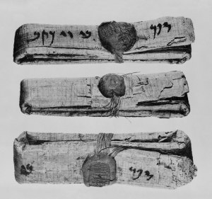 Several papyri from the Jehoishma archive as they were found, before they were opened.