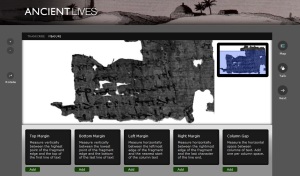 The interface for Oxford University's Ancient Lives project crowdsourcing the transcription of papyri.
