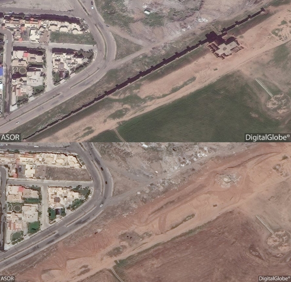 Top: Satellite photo obtained by ASOR on April 1, 2016 showing the Adad Gate and reconstructed city wall intact. Bottom: Photo dated May 2, 2016 showing the Adad Gate and city wall have been completely razed and the land cleared.