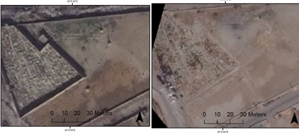 Left: Satellite photograph dated November 2013 of the Mosul War Cemetery. Right: Photo dated August 2015 showing destruction of the cemetery and adjoining cemeteries.