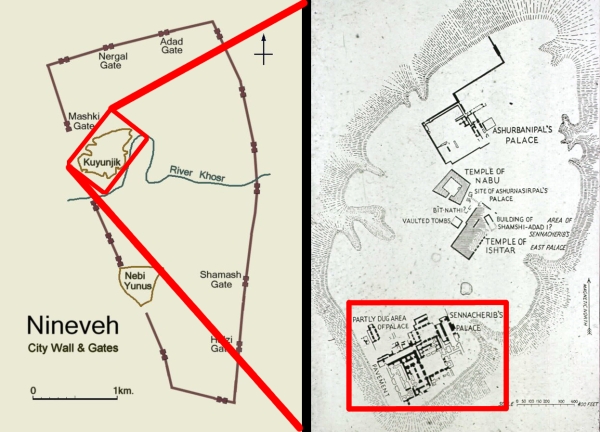 Map showing Kuyunjik's location within Nineveh and the Southwest Palace at Kuyunjik. (Wikimedia/UNC)