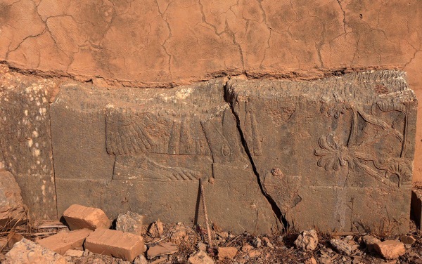 Fragment of a "tree of life" relief. It is not clear if this damage is modern or ancient. (Safin Hamed/AFP)